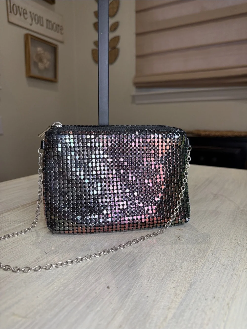 Sequin Wristlet Clutch with Silver Chain - Black & Pink